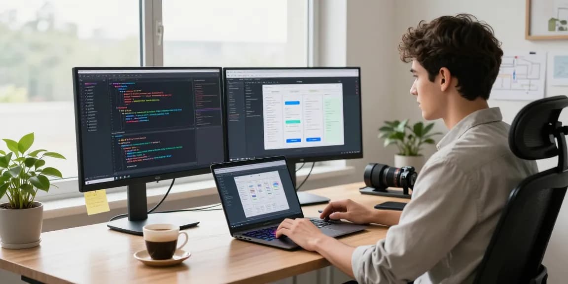 Developer building internal tools with AI in a modern workspace, coding on dual monitors with vibrant interface.