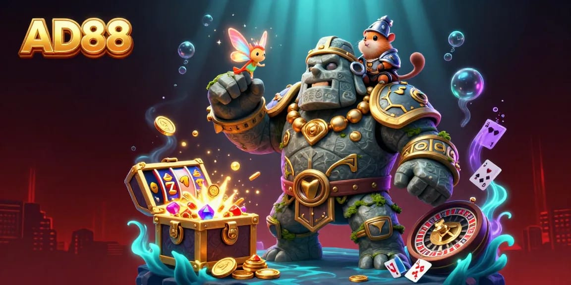 Experience the thrilling world of AD88 with dynamic characters, casino elements, and magical treasures!