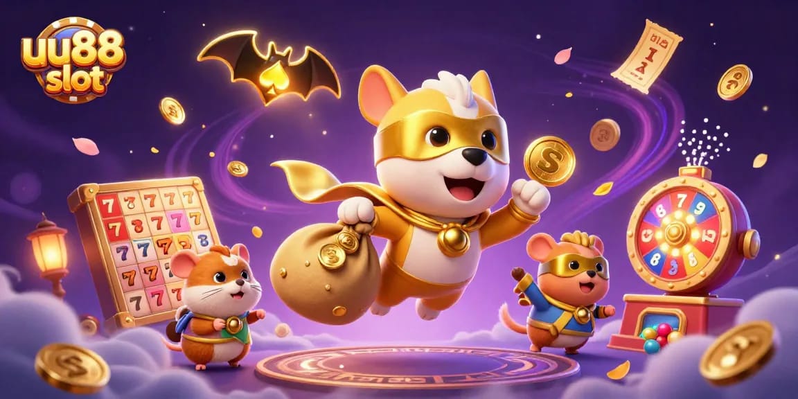 Experience thrilling gameplay with uu88 slot as a superhero dog and hamster navigate through colorful casino worlds.