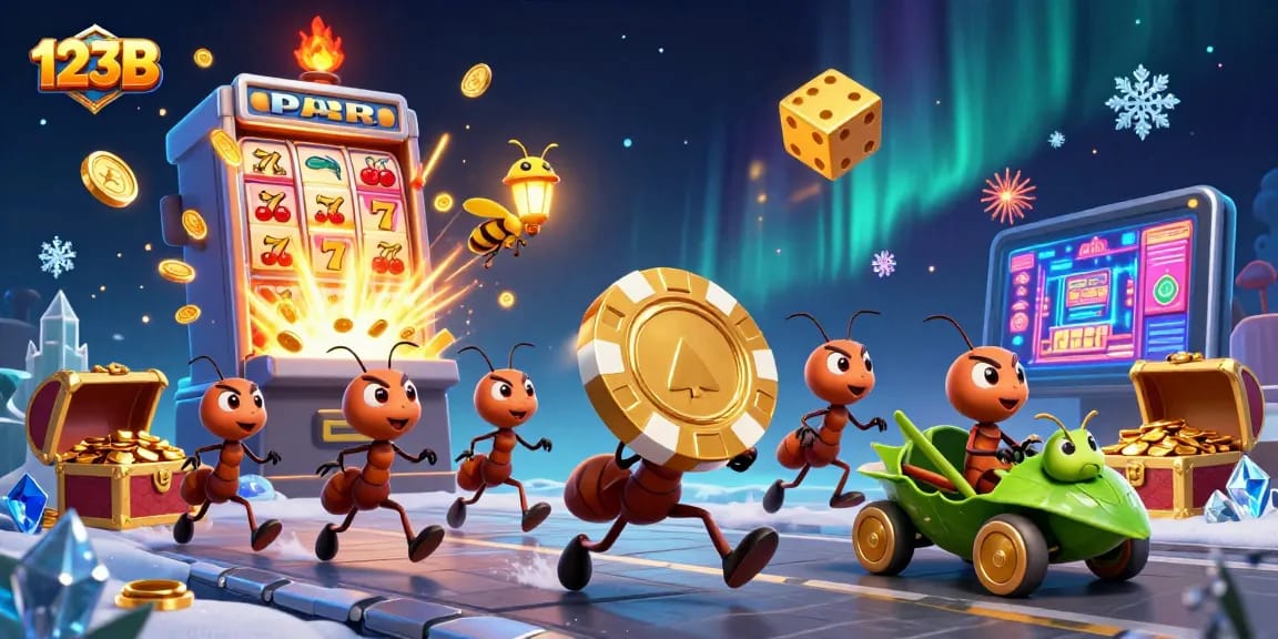123B team's exciting heist with golden poker chips under the watchful glow of a firefly, celebrating casino wins.