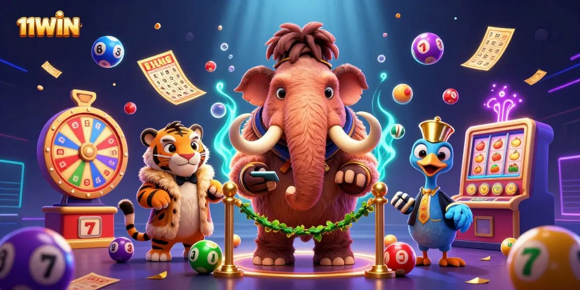 Join 11WIN with a cartoon mammoth checking IDs at a vibrant casino entrance.