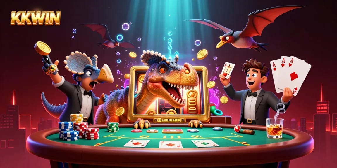 KKWIN jackpot scene featuring cartoon dinosaurs at a casino, celebrating winnings