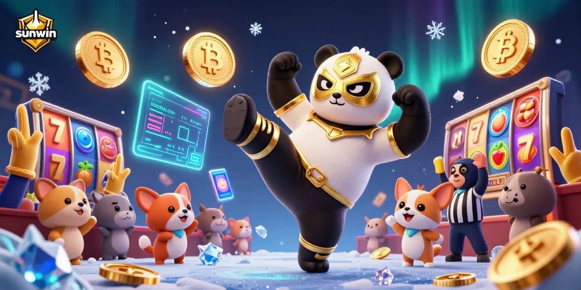 Experience the thrill of sunwin's casino scene with a vibrant wrestling panda and exciting crypto elements.