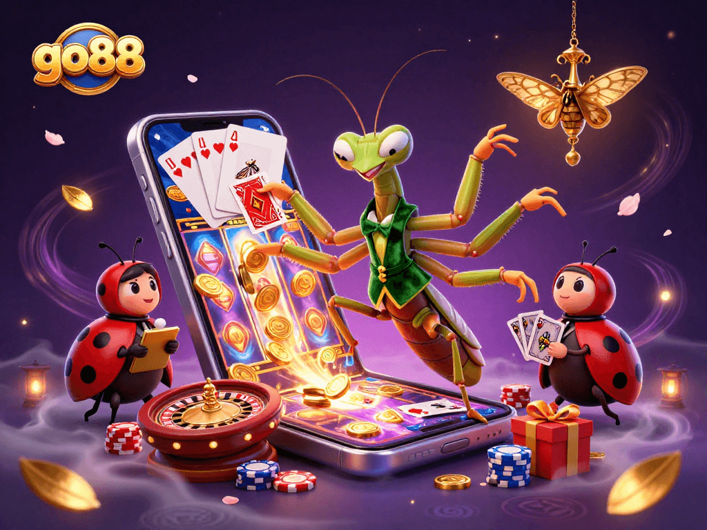 go88 showcases a vibrant scene of card antics in a fantasy casino illustrating thrilling gaming action