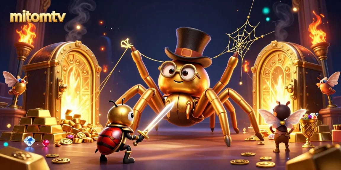 Experience thrilling action with mitomtv where a brave beetle knight approaches a golden tarantula at a dynamic casino scene.