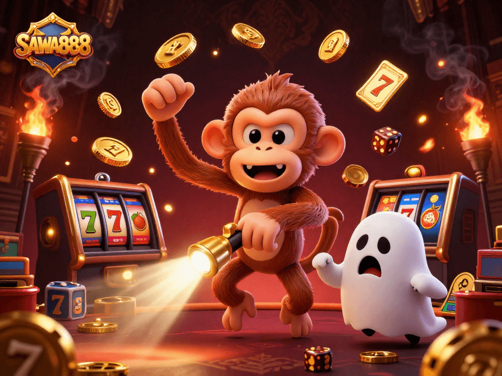 Experience exciting gaming fun with SAWA888's vibrant 3D casino scene featuring dynamic golden elements.