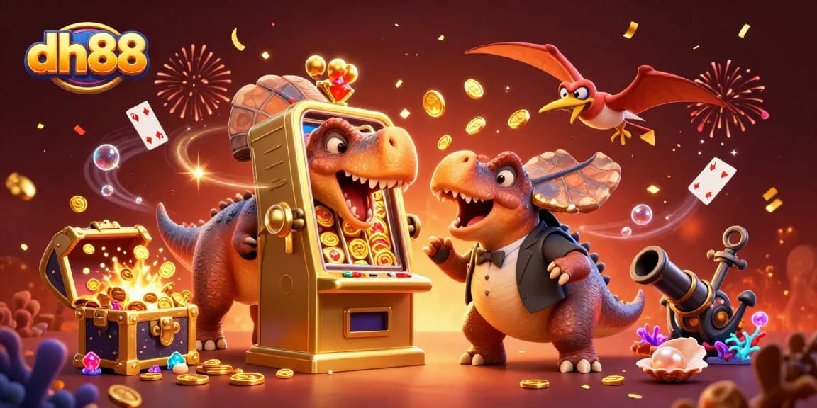 dh88 casino adventure with a pachycephalosaurus winning jackpot coins, surrounded by vibrant casino elements and magical confetti.