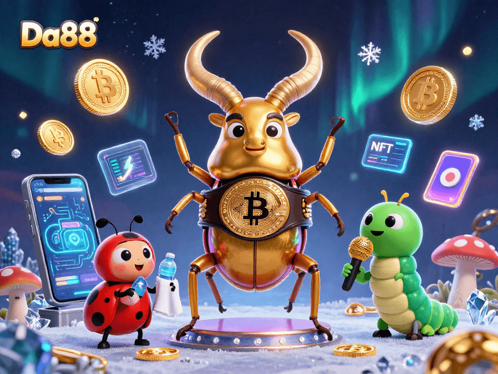 Experience thrilling bets with Da88 as a giant beetle battles in a vibrant casino setting.