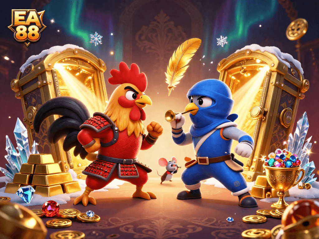 Experience thrilling action at EA 88 with epic fighting roosters and treasures surrounding the battle.