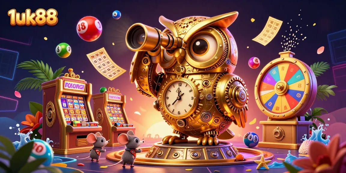 Experience exciting gaming with 1uk88, lively brass slots, and colorful lottery elements in a dazzling casino scene.
