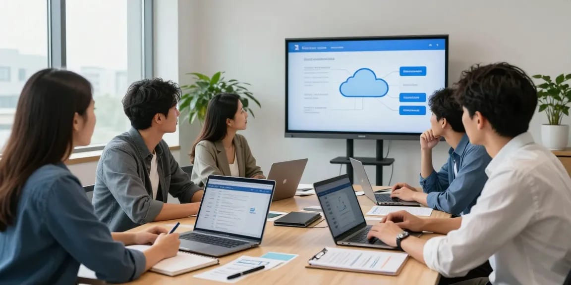 Team collaborating on a cloud based phone system at a modern office conference table with laptops and presentation displays.