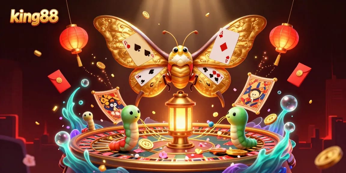Experience the thrill of king88 with vibrant casino scenes featuring golden moths and lanterns.