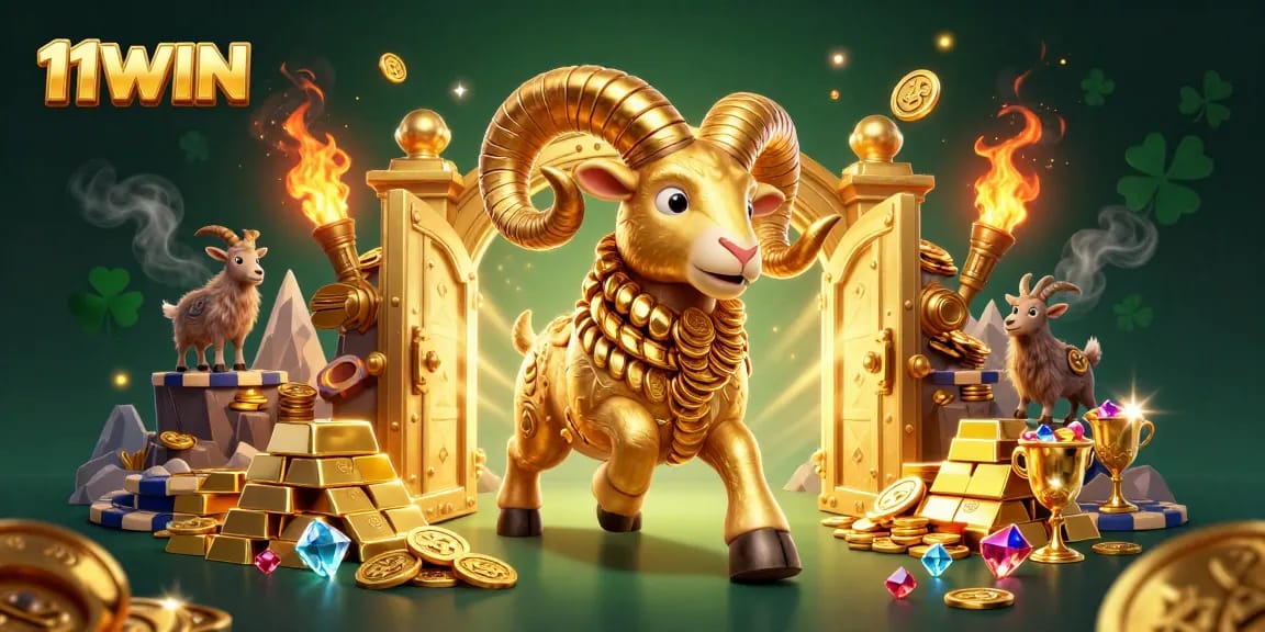 Experience the thrill of 11WIN with a vibrant golden ram charging through a treasure vault!