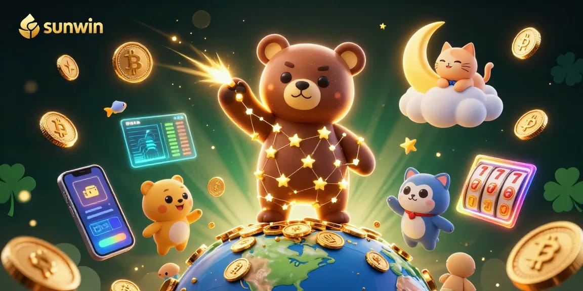 Experience thrilling wins with sunwin as a constellation bear scoops coins amidst glowing crypto elements.
