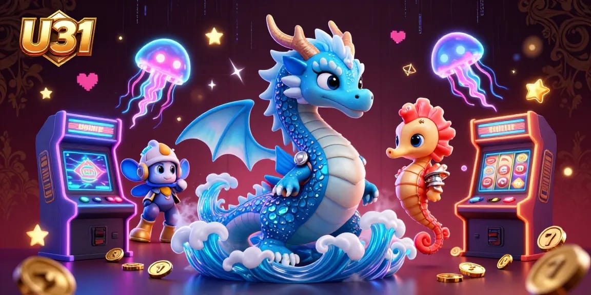 Engage in thrilling gameplay at U31 with an azure dragon and seahorse knight amid captivating casino elements.