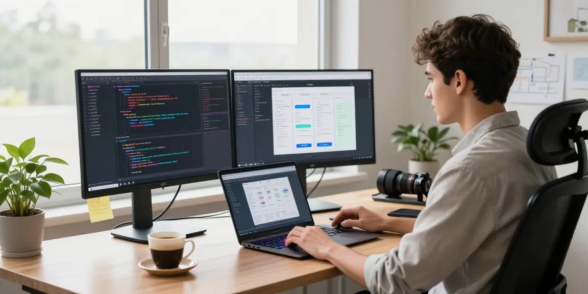 Developer building internal tools with AI in a modern workspace, coding on dual monitors with vibrant interface.