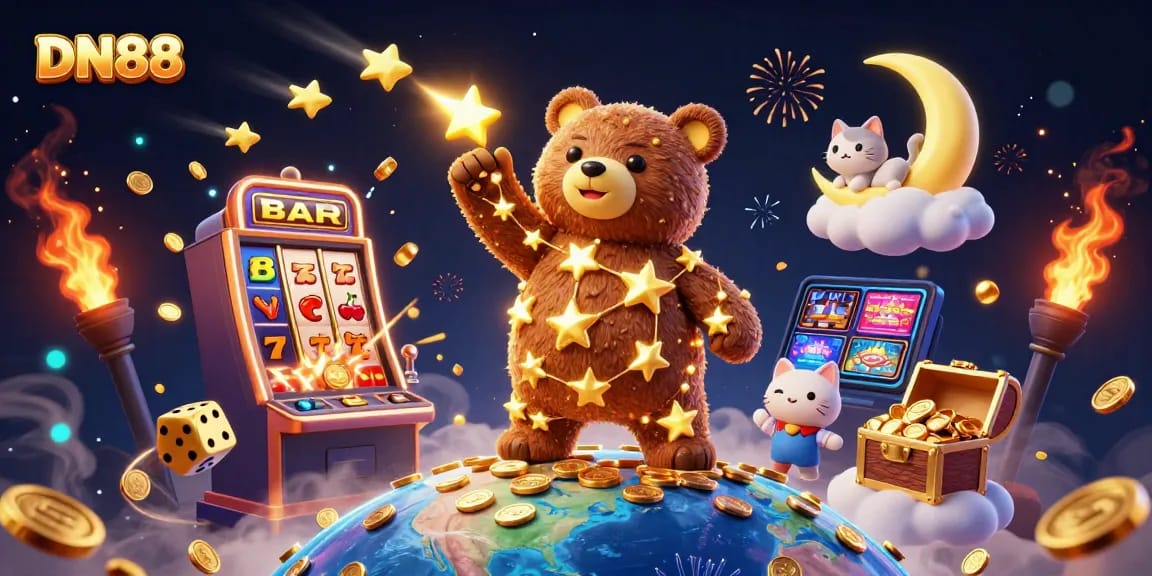Experience thrilling action at DN88 with a constellation bear collecting coins amidst a vibrant casino scene.