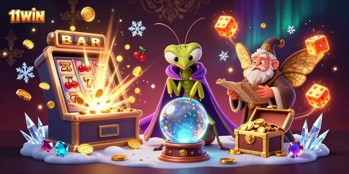 Engage with 11WIN's vibrant casino scene featuring a fortune teller and a librarian amidst exploding slot machine elements.
