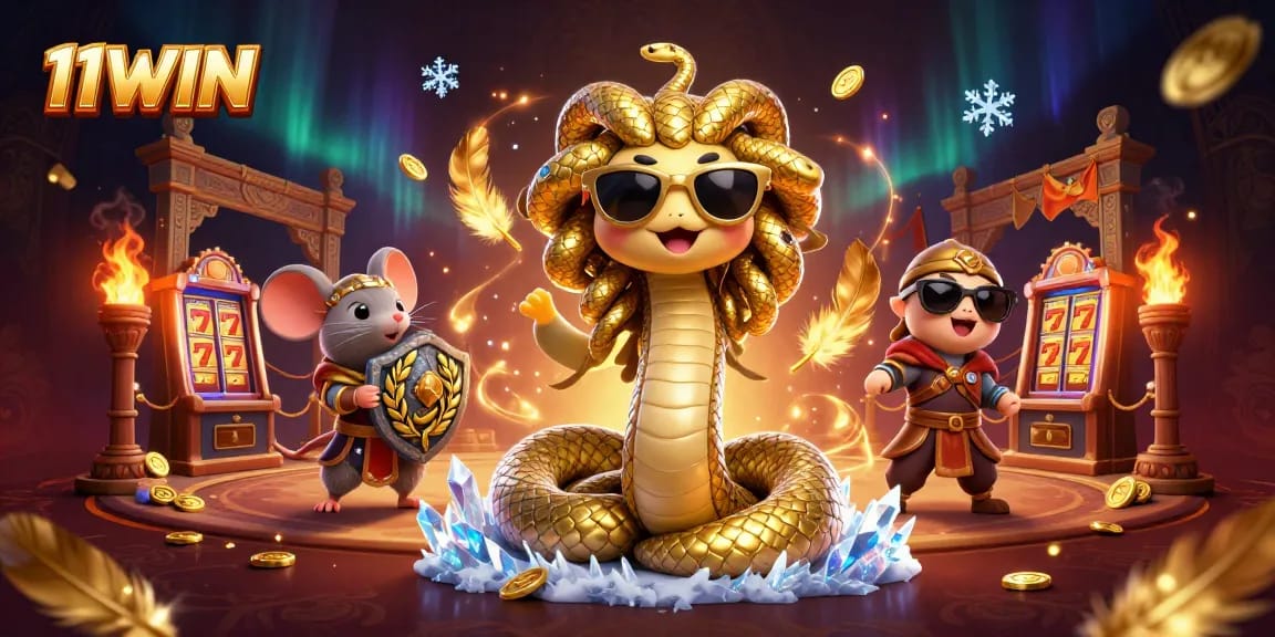 Engage in the 11WIN fantasy casino world with Medusa and warrior mouse amidst vibrant slot elements.