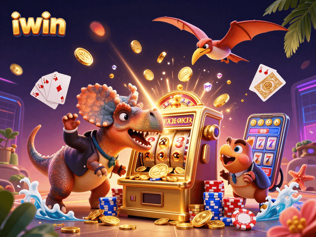 Spin the iwin jackpot with a dynamic scene of casino dinosaurs and golden coins flying!