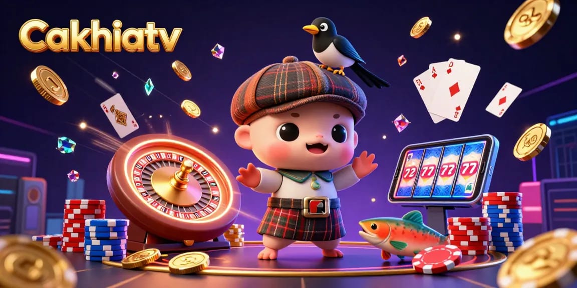 Cakhiatv sports scene featuring cartoon Nessie and game elements with vibrant energy and gold coins.