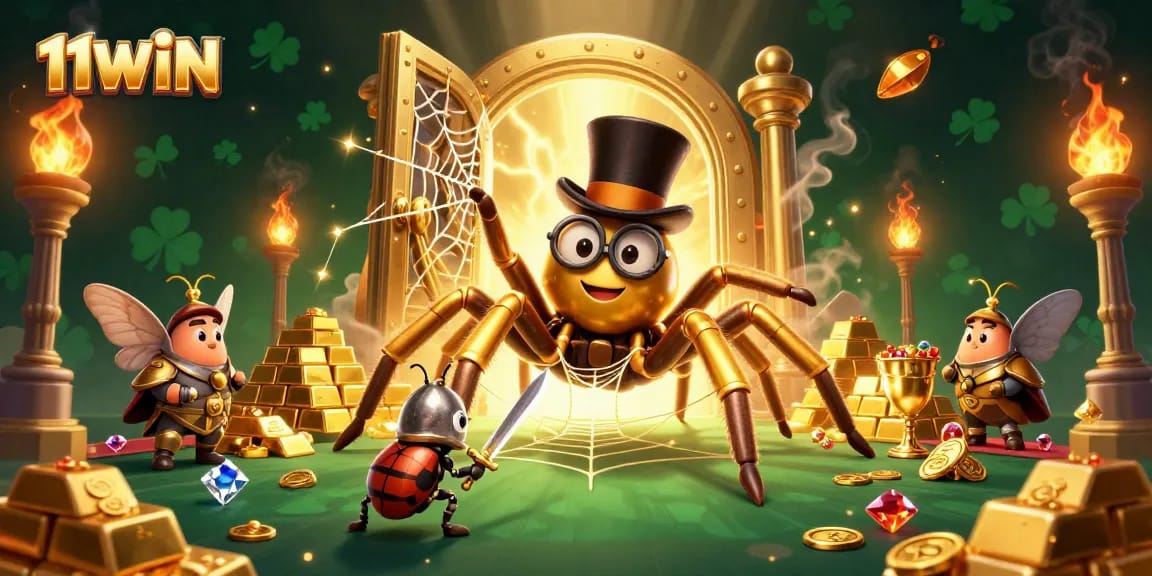Experience thrilling wins at 11WIN with a vibrant casino adventure scene featuring a golden tarantula and beetle knight.