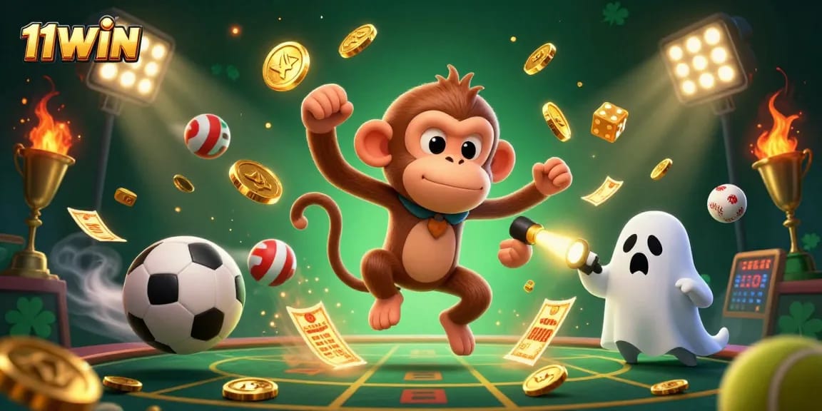 Experience the excitement of 11WIN with a playful ghostly monkey juggling golden casino treasures.