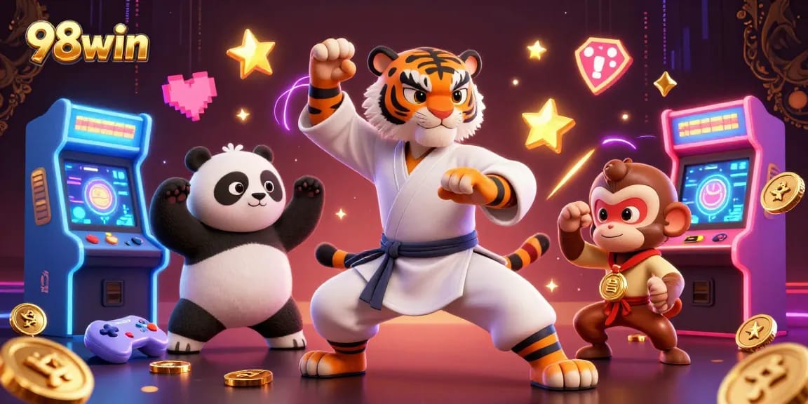 Experience the excitement of 98win with colorful arcade machines and playful characters in a vibrant casino scene.