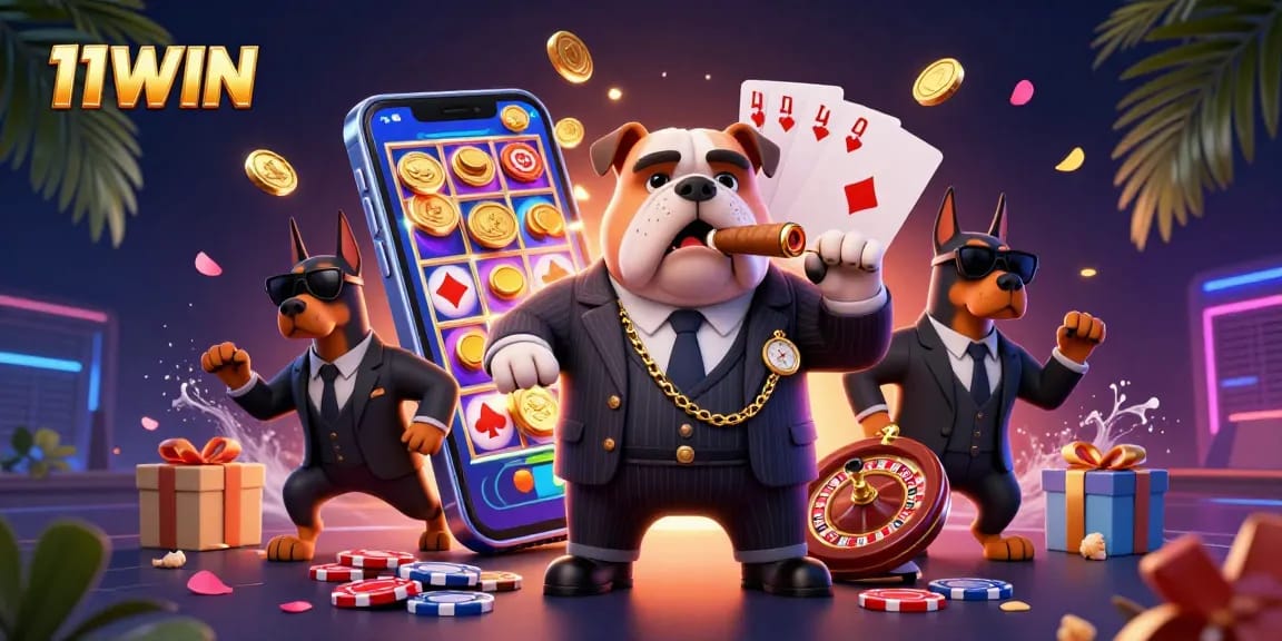 11WIN showcases vibrant casino elements surrounding a mafia boss bulldog in a dynamic 3D scene.