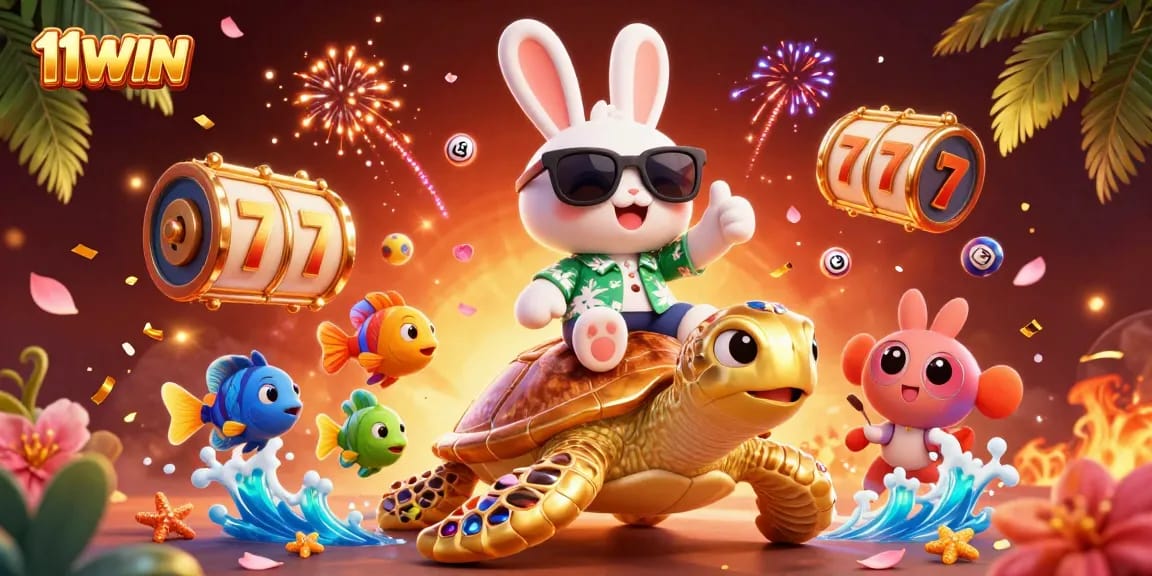 Spin the reels with 11WIN's captivating illustration of a lucky rabbit on a turtle surrounded by casino elements.