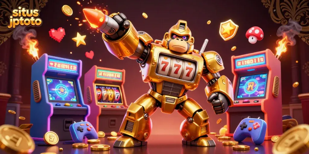 Engage in exciting gameplay at situs jptoto featuring a golden gorilla mech, vibrant arcade elements, and stirring casino action.
