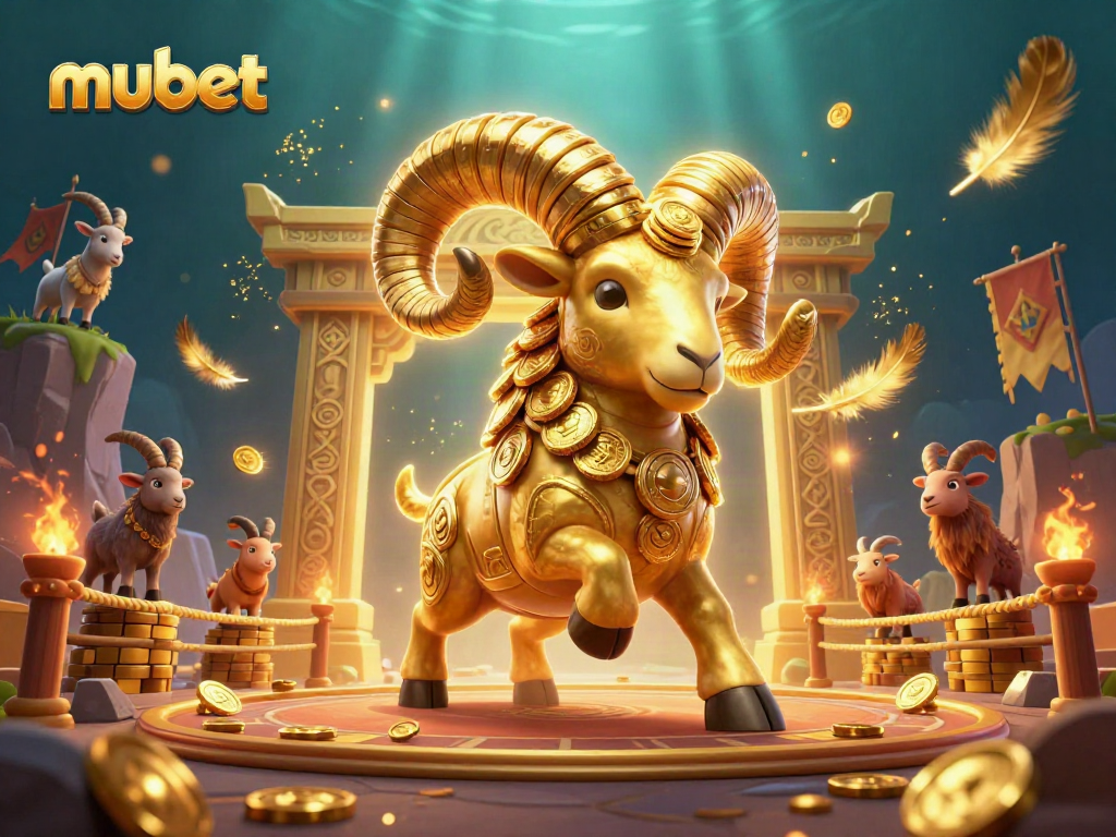 Experience the thrill of mubet with a 3D golden ram charging through a vibrant casino arena.