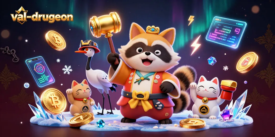 Experience winning thrills with val-drugeon in a vibrant 3D casino scene featuring animated characters and crypto elements.