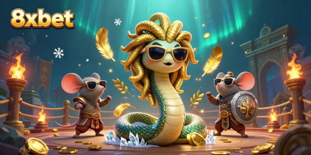 Bet with 8xbet: A vibrant, immersive 3D scene featuring Medusa and a warrior mouse, surrounded by casino elements.