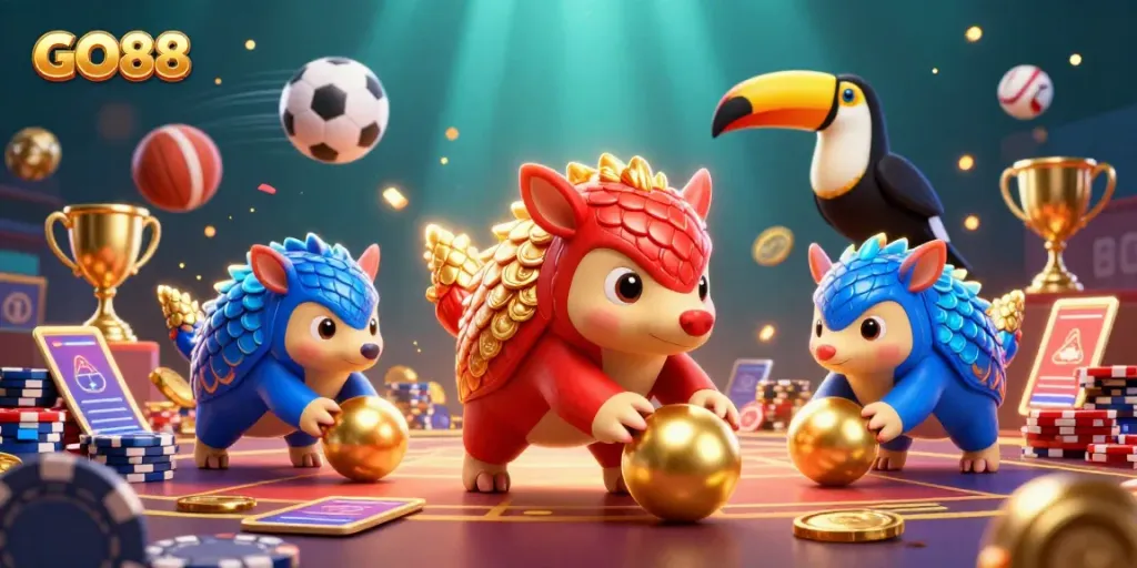 Engaging GO88 scene with pangolins in a dynamic casino-themed competition involving gold coins and poker chips.