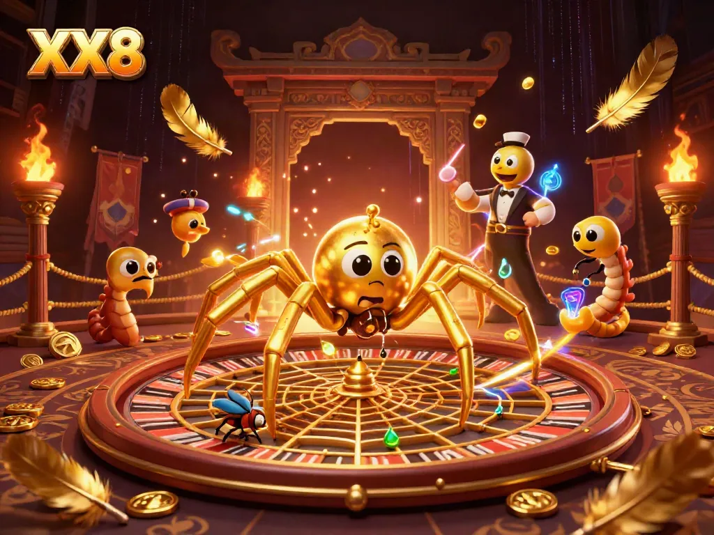 Engaging scene of XX8's online casino illustrated with a golden spider and a centipede croupier, highlighting excitement.