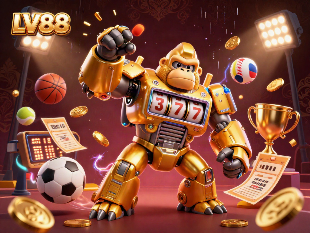 Watch LV88's golden mech in action, surrounded by vibrant sports elements and dynamic energy.