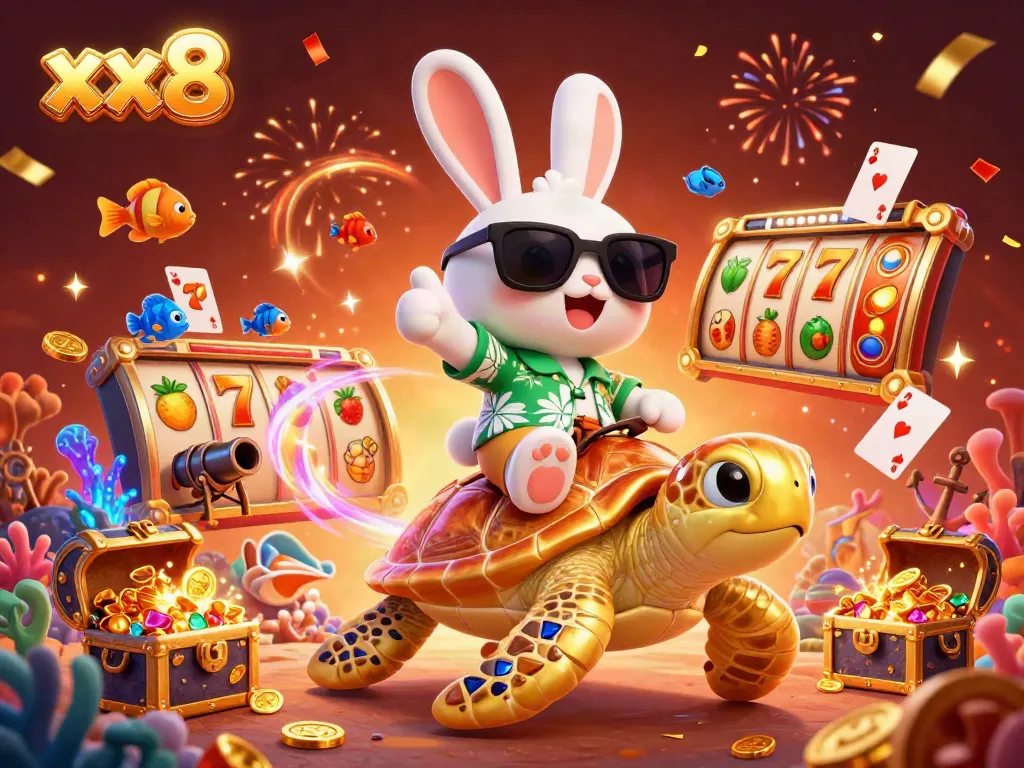 Experience thrilling slot games with the xx8 lucky rabbit and golden sea turtle in vibrant celebration.
