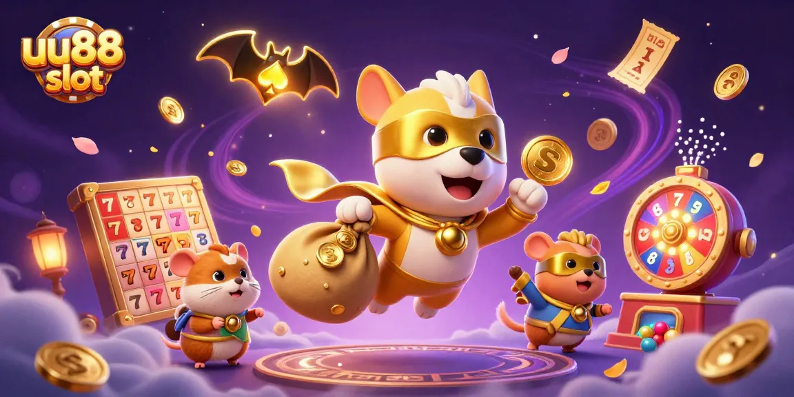Experience thrilling gameplay with uu88 slot as a superhero dog and hamster navigate through colorful casino worlds.