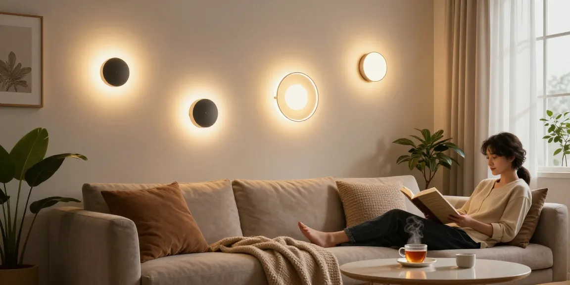 Aplica LED modernă iluminând un interior confortabil, cu detalii de design contemporan.