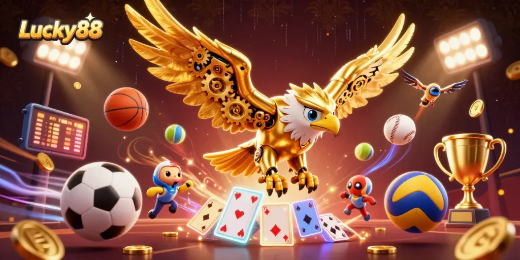 Experience thrilling action with Lucky88 as a golden eagle dives through playing cards in this dynamic casino scene.