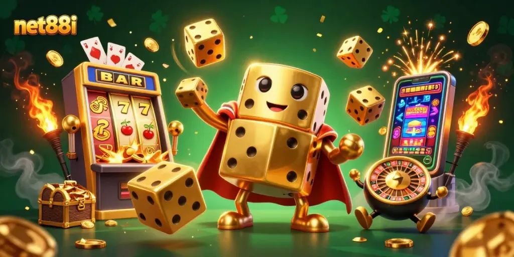 Experience excitement at net88i with vibrant casino elements and dynamic characters in action.
