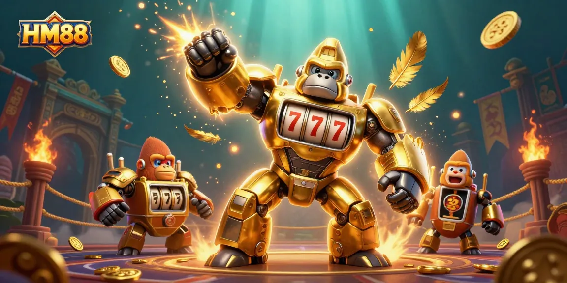 Experience thrilling slots at HM88 with an explosive golden gorilla mech amidst vibrant casino elements.