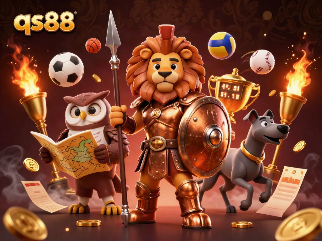 qs88 Casino: Experience thrilling gameplay with the Spartan lion, owl strategist, and swift greyhound in an action-packed scene.