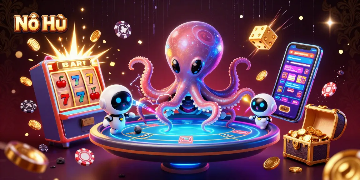 Experience Nổ Hũ with vibrant slot action, as an alien octopus and robot navigate a cosmic casino.