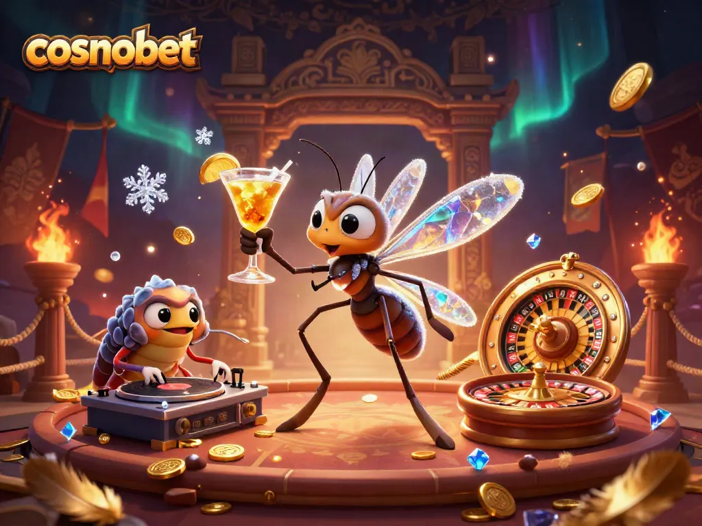 Spin to win with Cosmobet's vibrant casino scene featuring a unique frozen mosquito mascot and exciting elements.