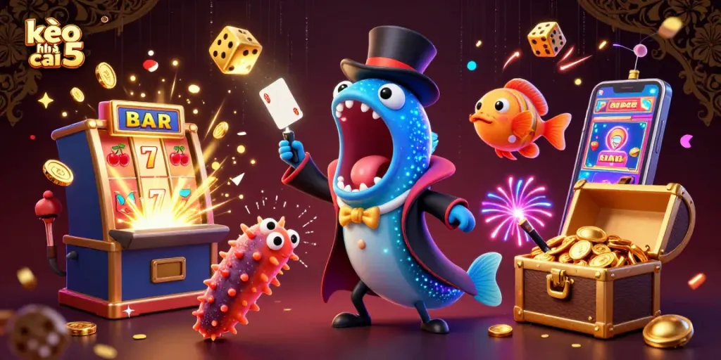 Engage with kèo nhà cái 5 in a vibrant 3D magical casino scene featuring dynamic characters and elements.