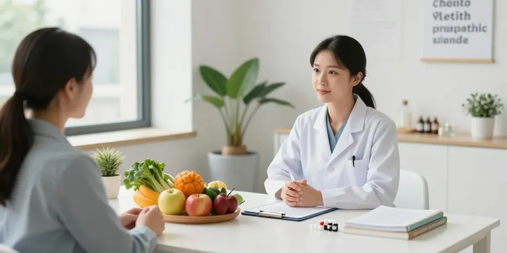 Nutritionist Surrey consultation in a wellness clinic with fresh produce and supportive environment.