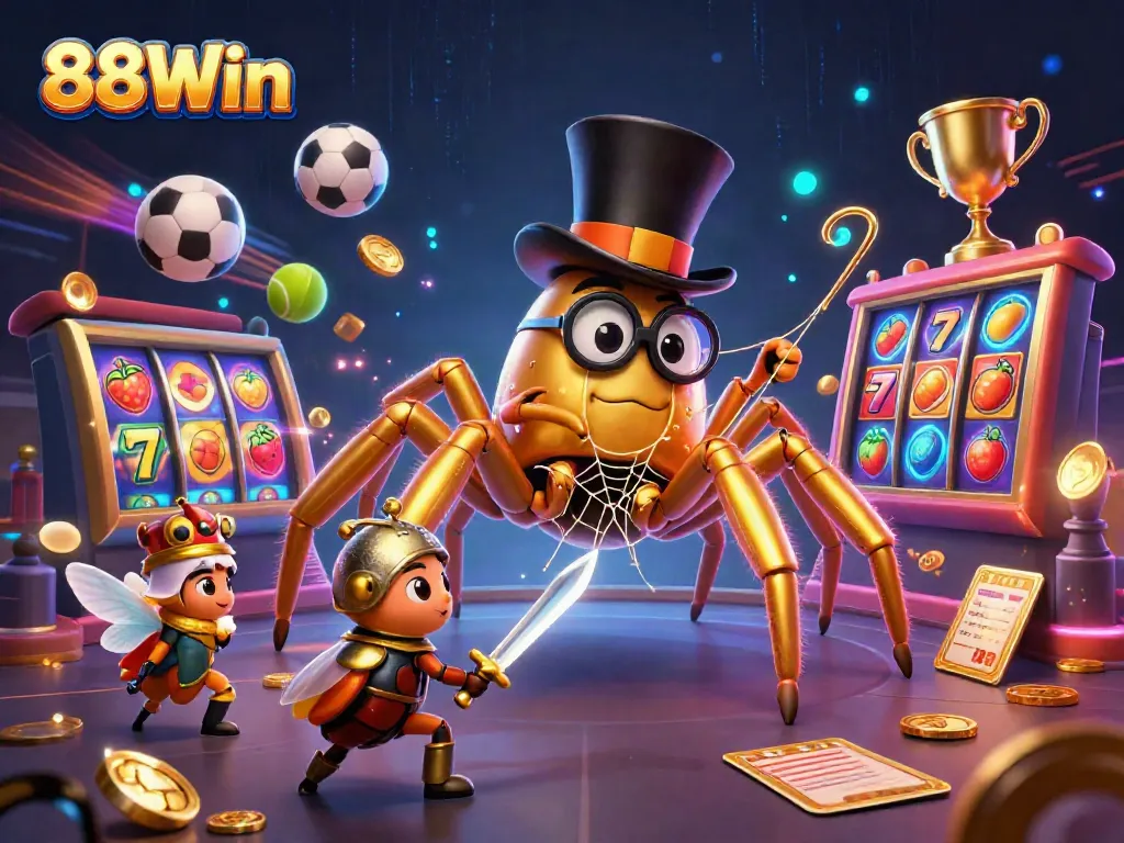 Experience the excitement of winning with 88Win in this vibrant casino scene featuring a golden tarantula and beetle knight.