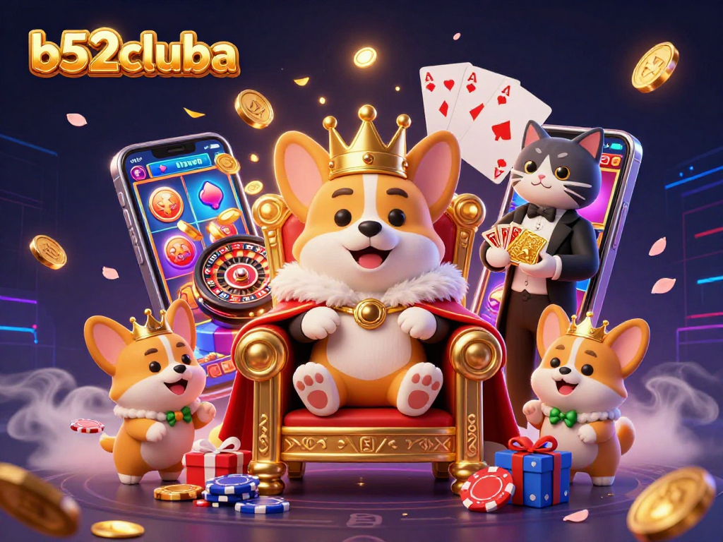 Engage in exciting slots at b52cluba with thrilling visuals of corgi royalty amidst gaming treasures.